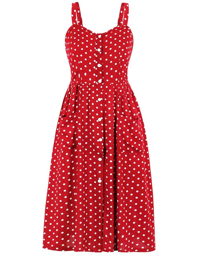 Yellow Dress Summer Straps Backless Pleated Polka Dot Printed Single Breasted Pockets Casual Midi Dresses