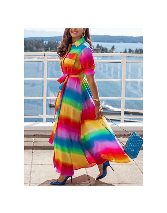 Multicolor Dress Rainbow Striped Half-sleeve Lapel Single Breasted Belted Casual Maxi Summer Dresses